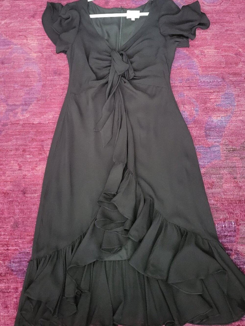 CINQ A SEPT CECIL Black 100% Silk Midi DRESS Flirty Romantic Ruffles Bow Sz 10 - Picture 6 of 10